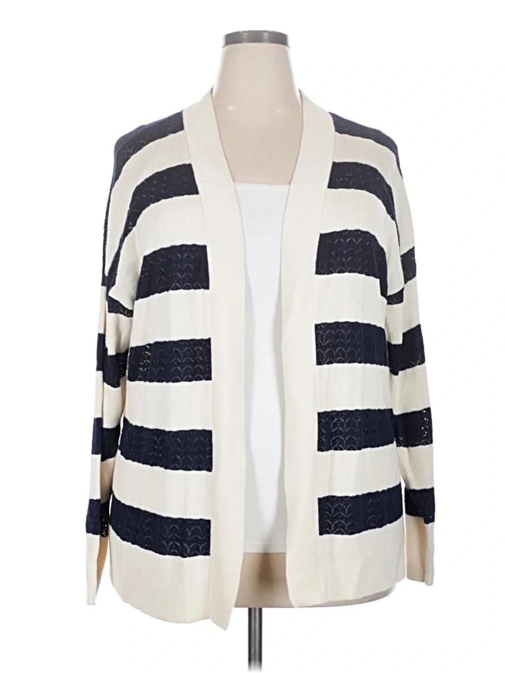 Lane Bryant Open Front Striped Lace Knit Cardigan - Ivory & Navy